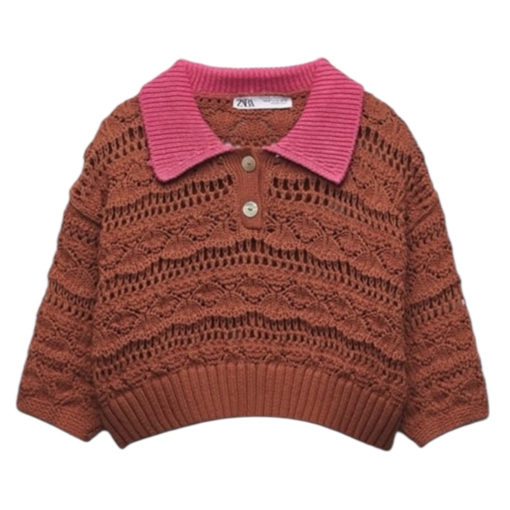 Zara Brown & Pink Cropped Knit Polo Sweater, Short Sleeve – Women’s Medium